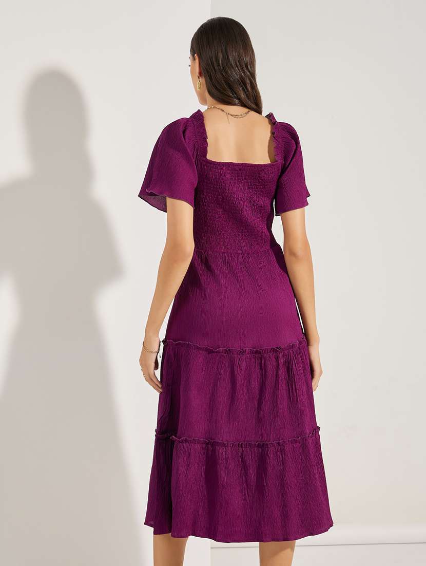 women solid puff sleeve tiered dress - 22176598 -  Standard Image - 2