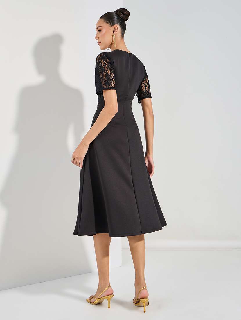 women black solid puff sleeve a-line dress - 22176601 -  Standard Image - 2