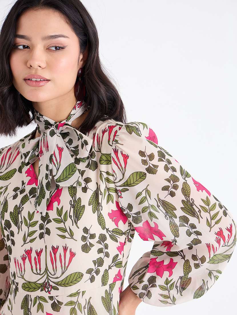 women printed tie up neck fit and flare dress - 22176618 -  Standard Image - 2