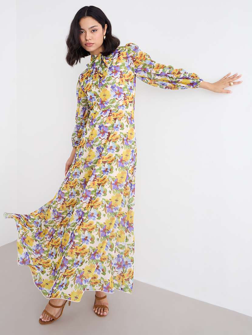 women printed tie up neck fit and flare dress