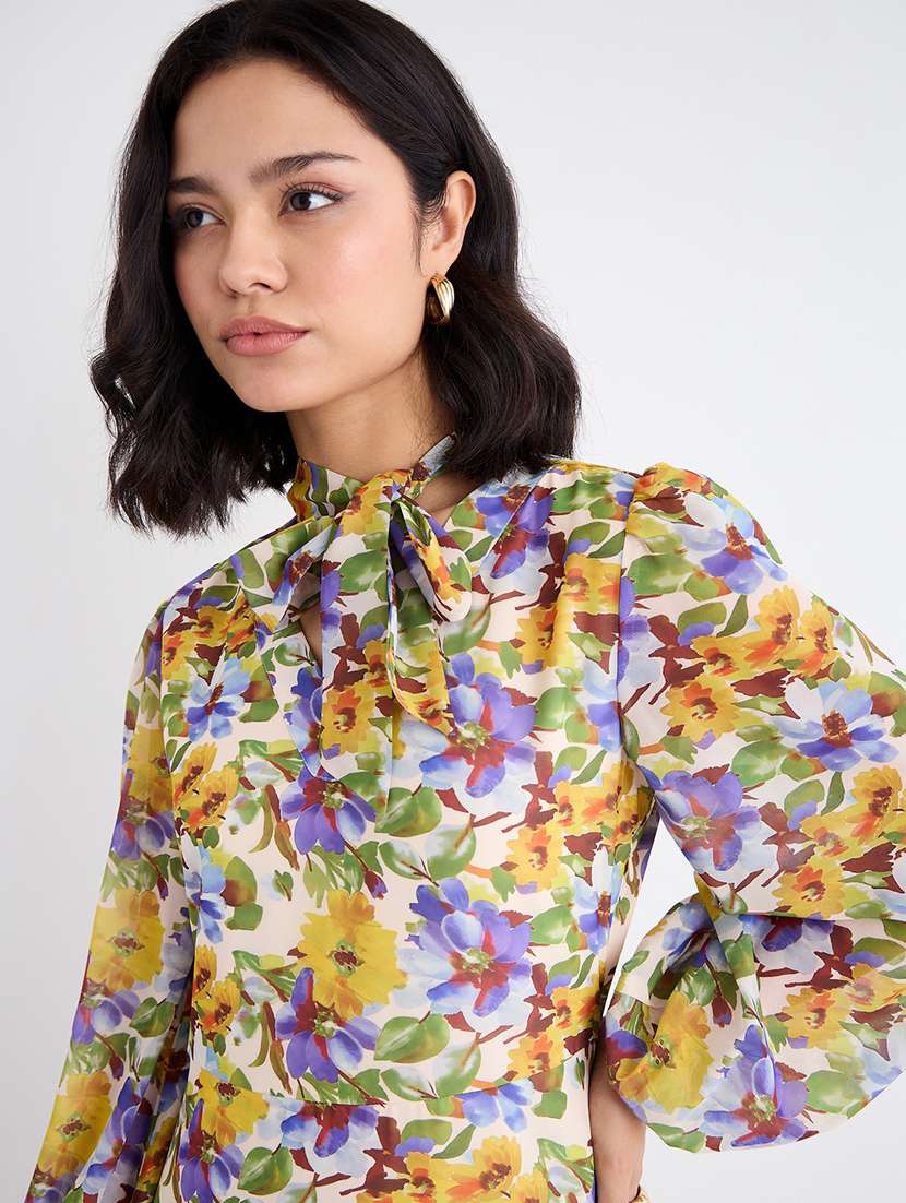 women printed tie up neck fit and flare dress - 22176619 -  Standard Image - 2