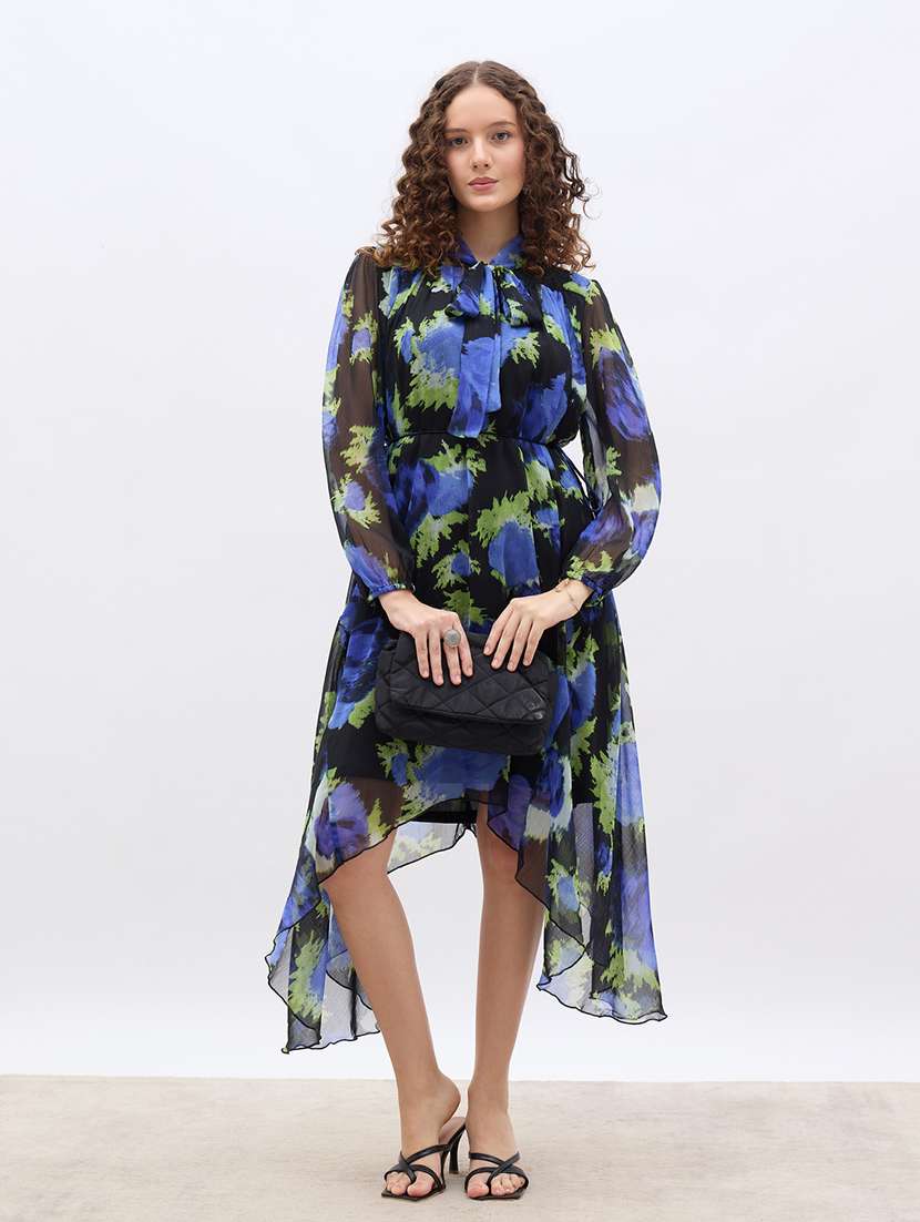 women printed tie up neck asymmetric dress
