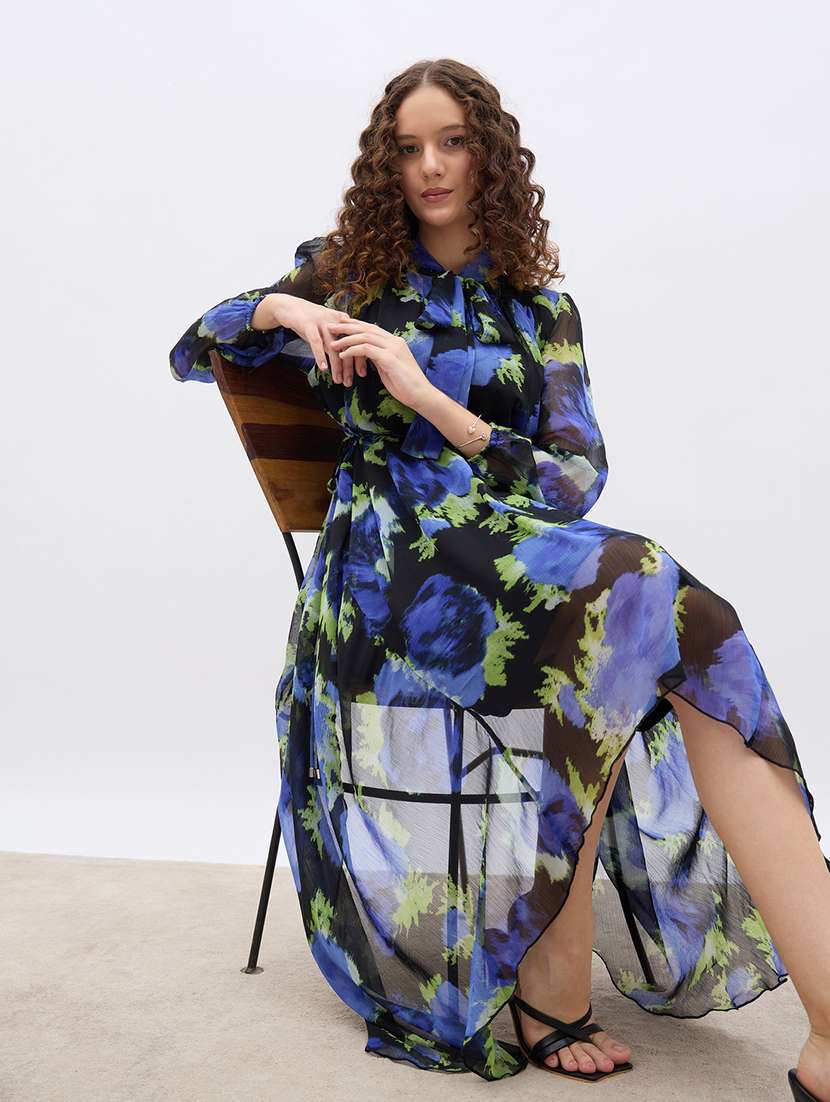 women printed tie up neck asymmetric dress - 22176631 -  Standard Image - 2