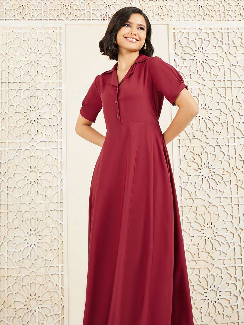 women solid collared fit and flare dress - 22176635 -  Standard Image - 2