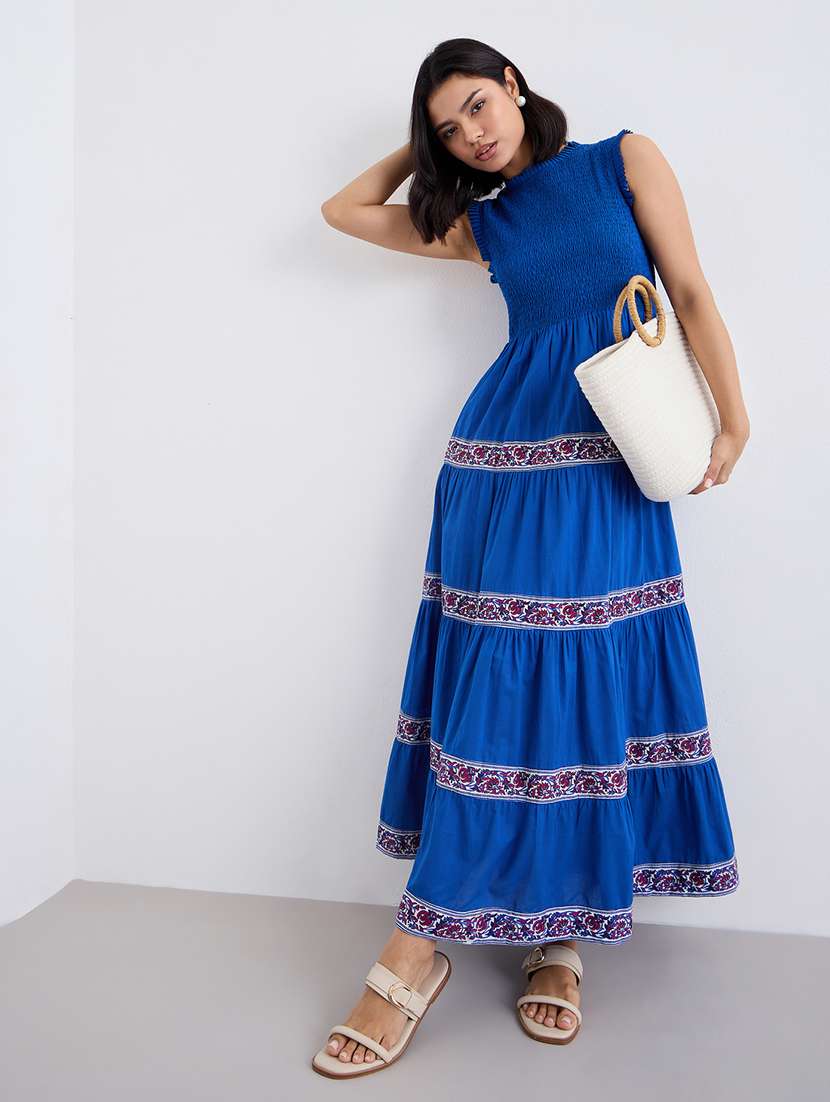 women printed mock neck ruched tiered dress