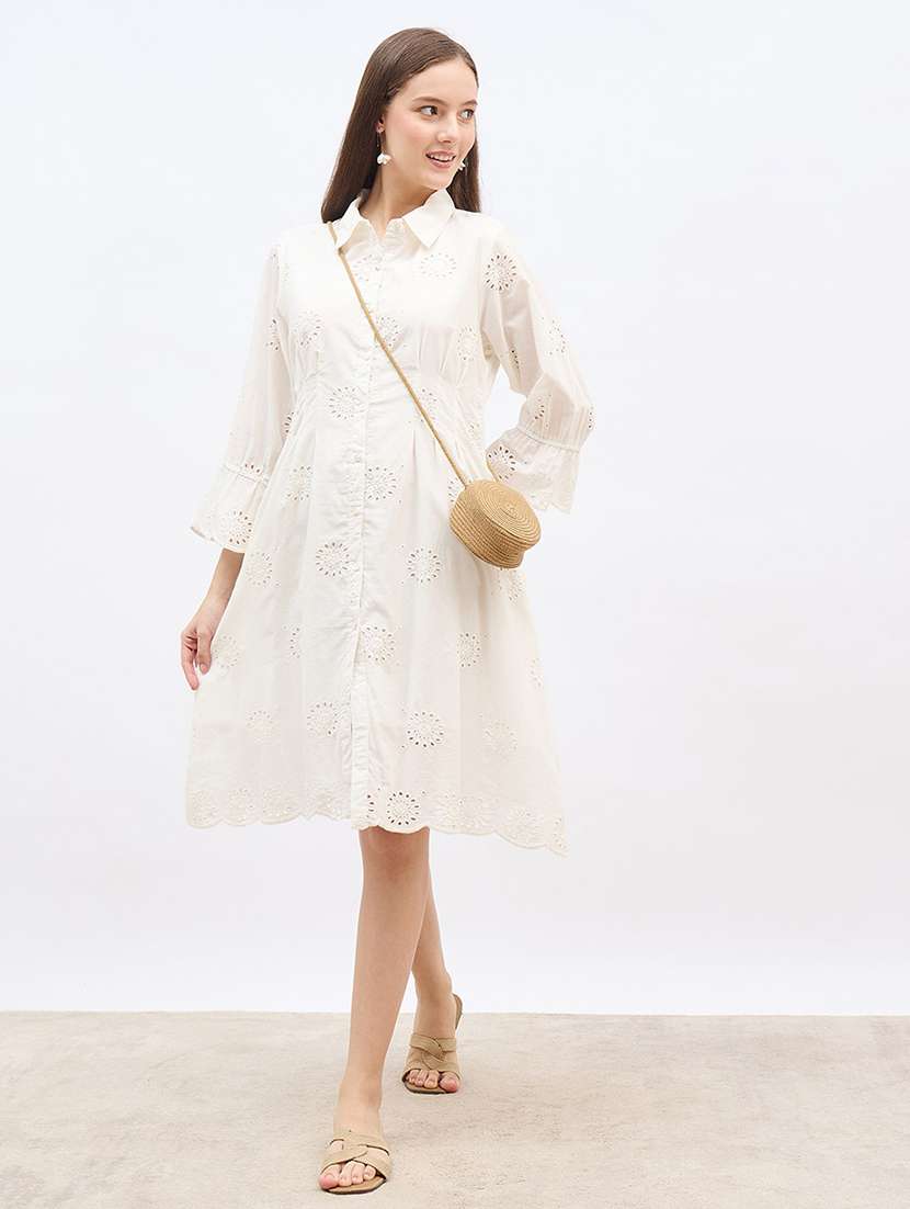 women embroidered collared a-line dress