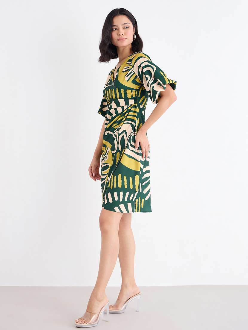 women printed overlap neck sheath dress - 22176668 -  Standard Image - 2