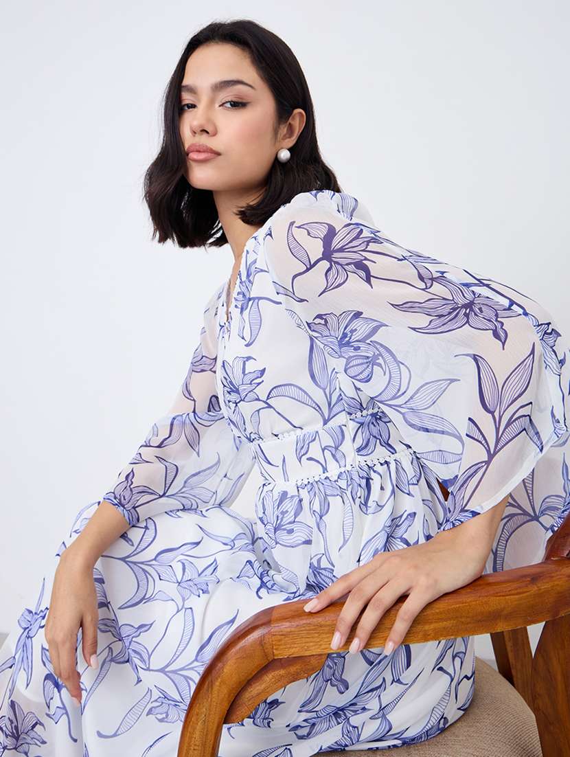 women printed v neck fit and flare dress - 22176683 -  Standard Image - 2