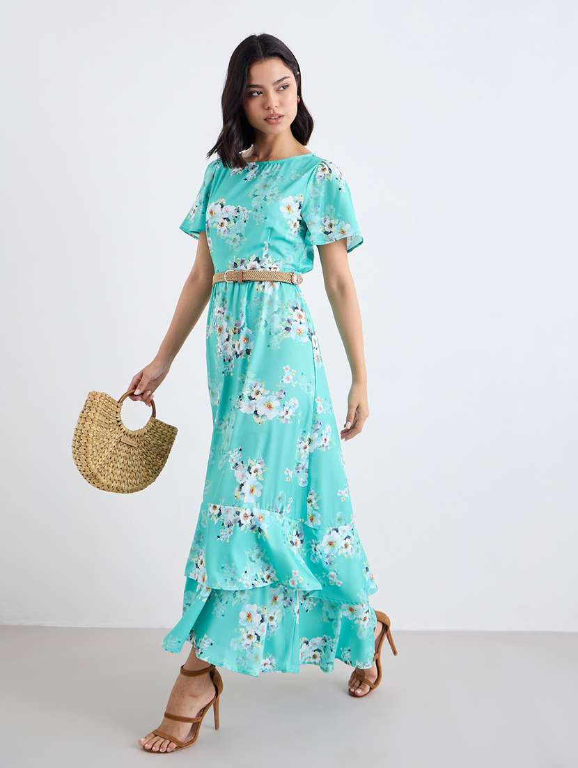 women printed round neck tiered dress
