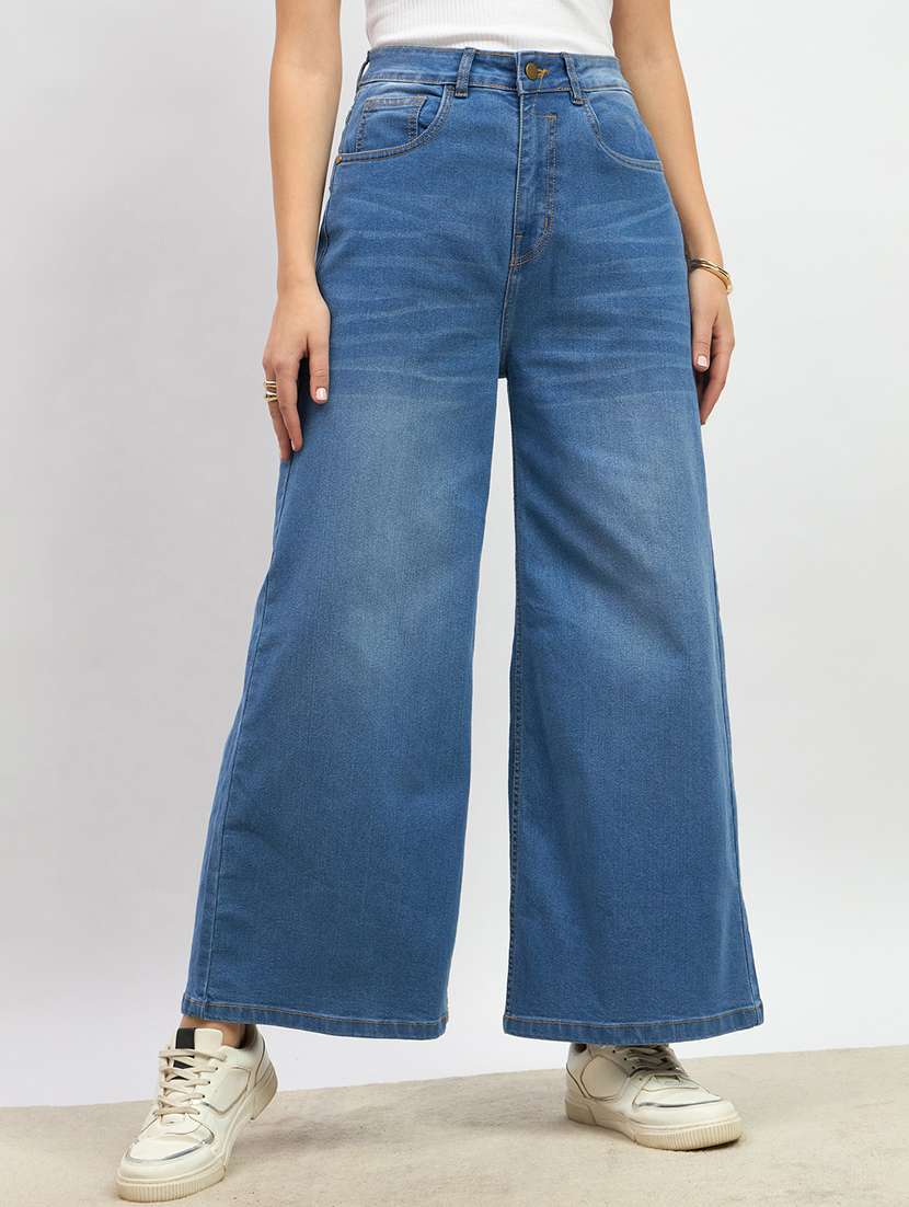 women solid high rise wide leg jeans