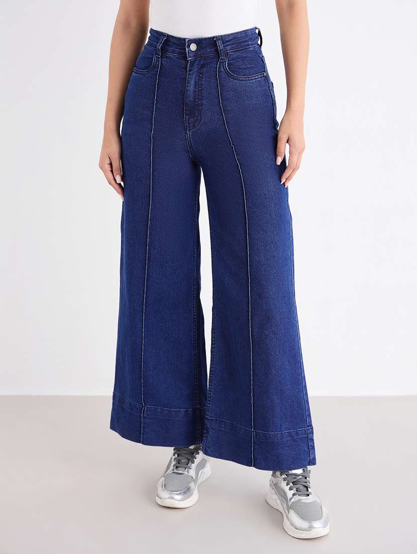 women solid high rise wide leg trouser
