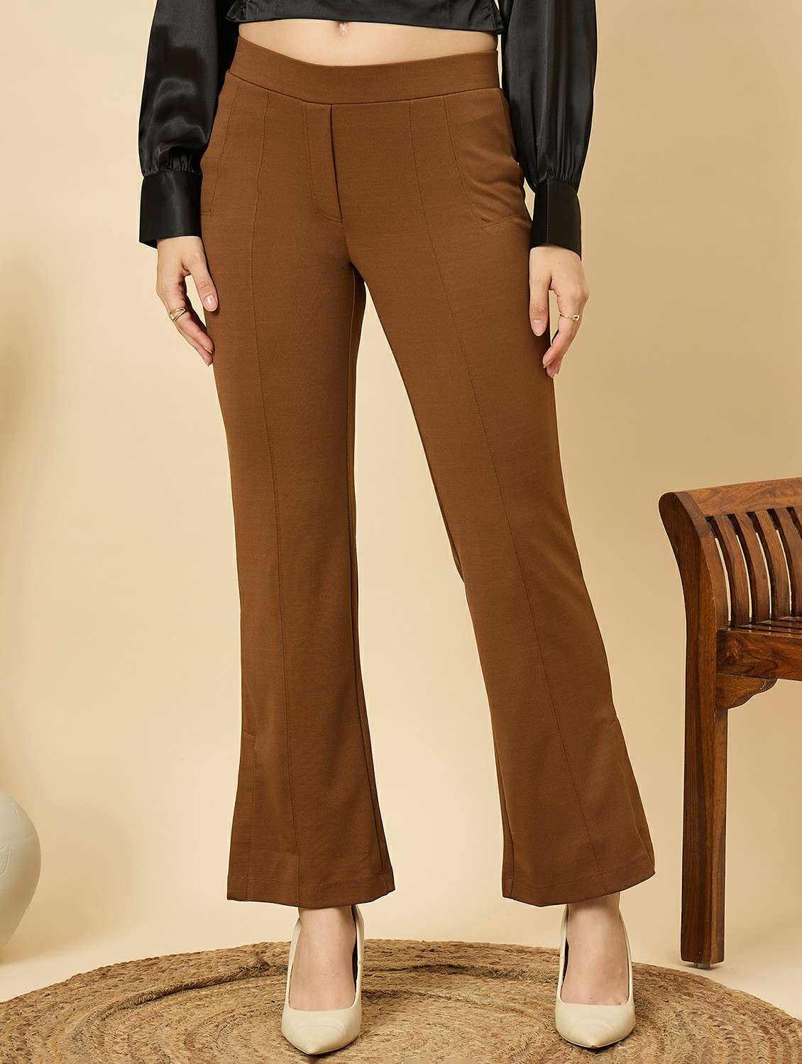 women solid mid rise bootcut trouser