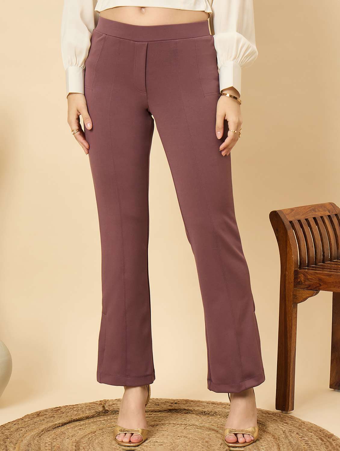 women solid mid rise bootcut trouser