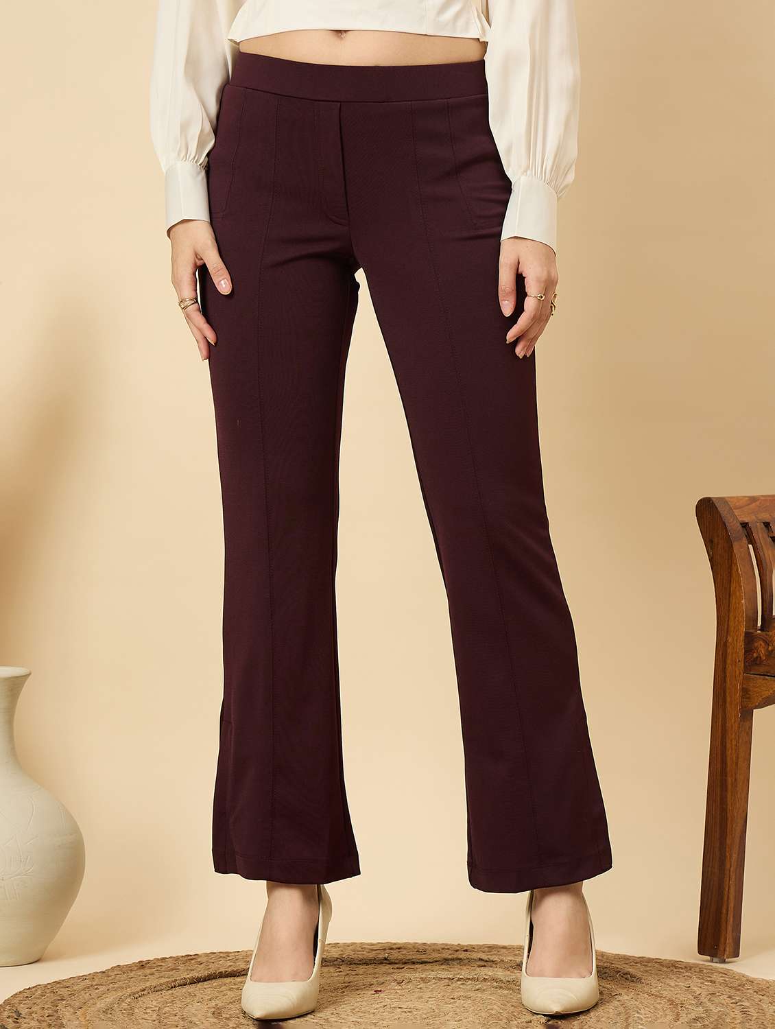 women solid mid rise bootcut trouser