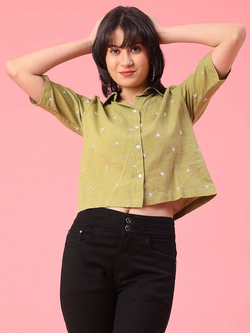 women solid with work collared crop shirt
