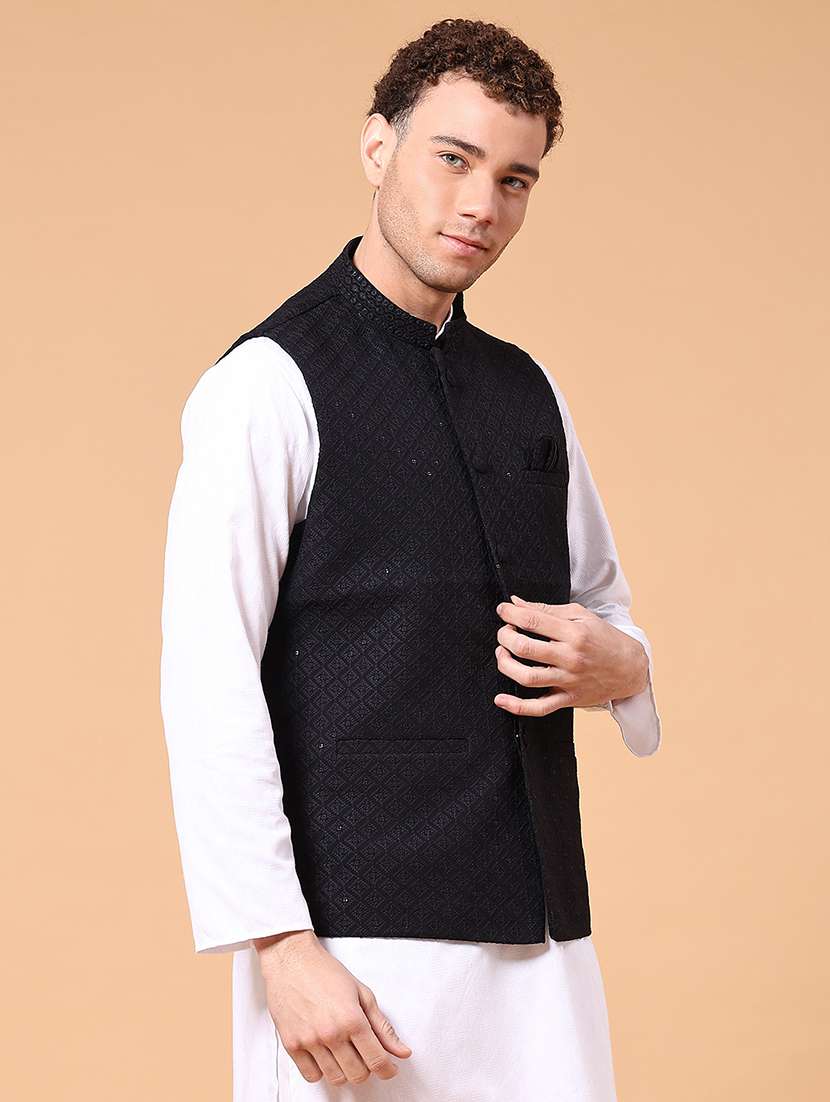 men solid with work mandarin neck nehru jacket - 22176983 -  Standard Image - 2