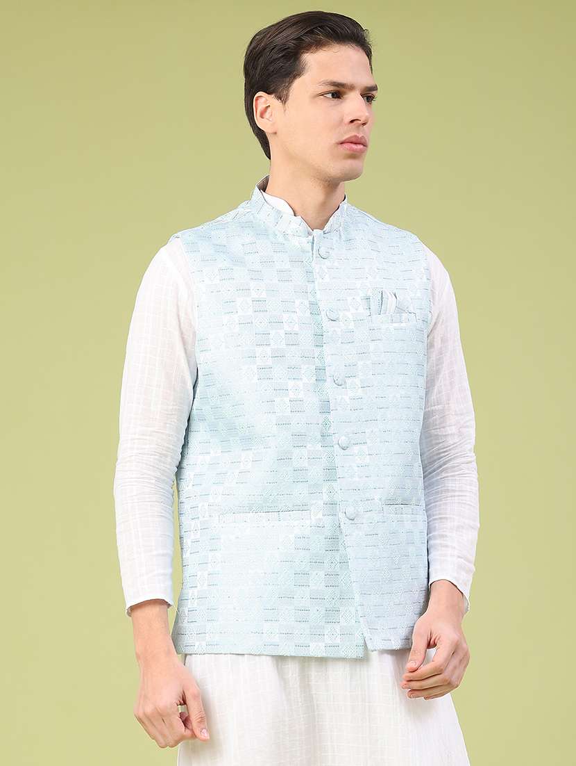 men solid with work mandarin neck nehru jacket - 22176984 -  Standard Image - 2