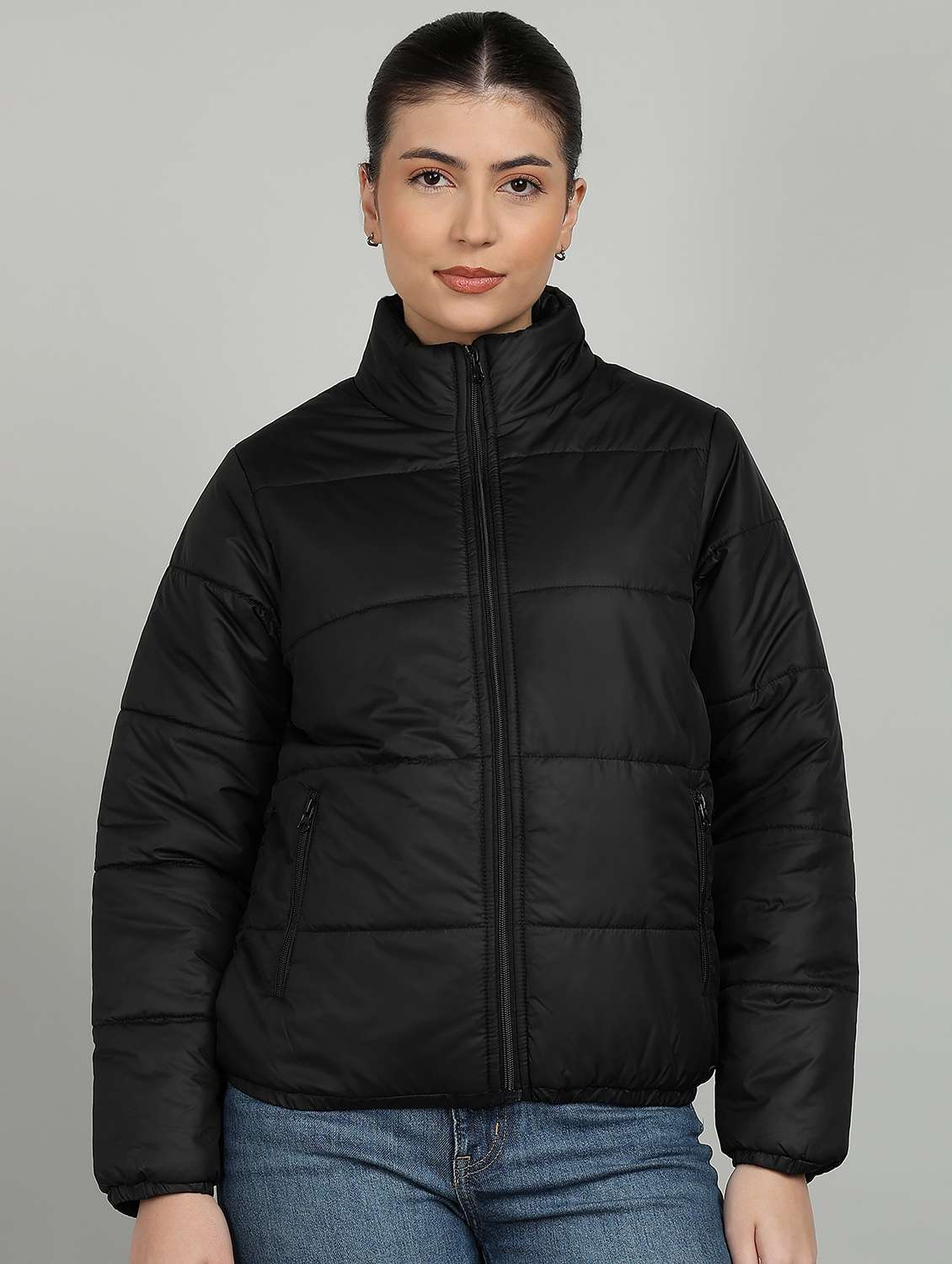 women solid long sleeve quilted jacket