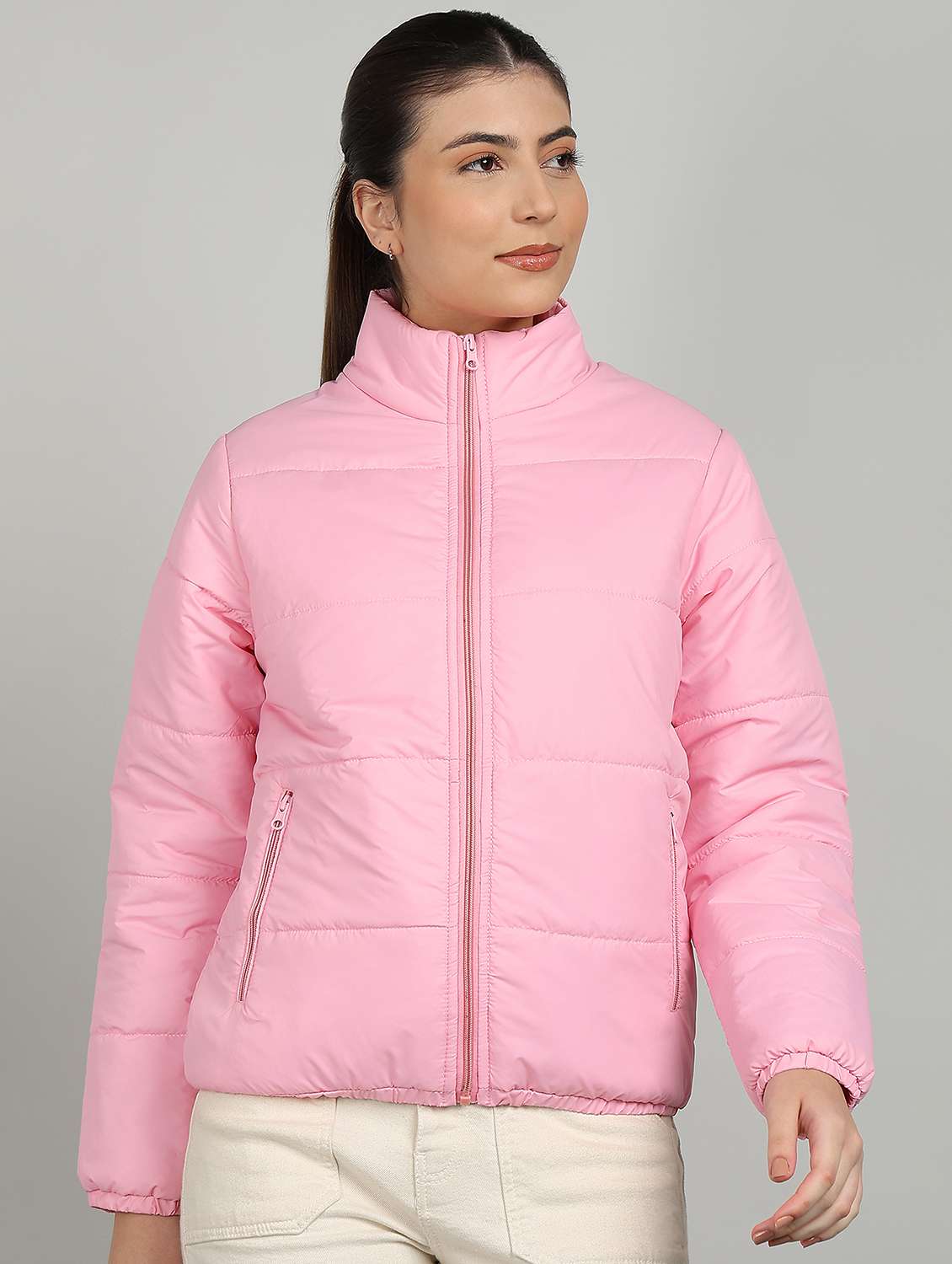 women solid long sleeve quilted jacket