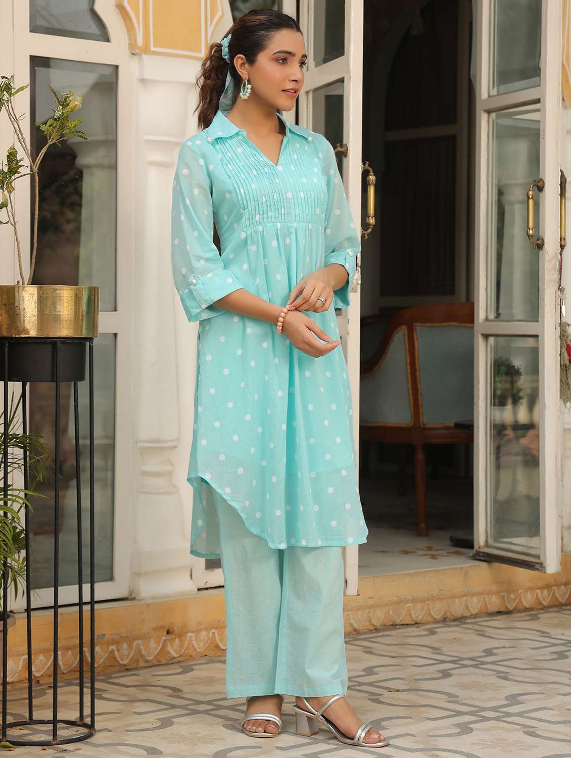 women polka dot three quarter sleeve regular fit ethnic co-ord set - 22177034 -  Standard Image - 2