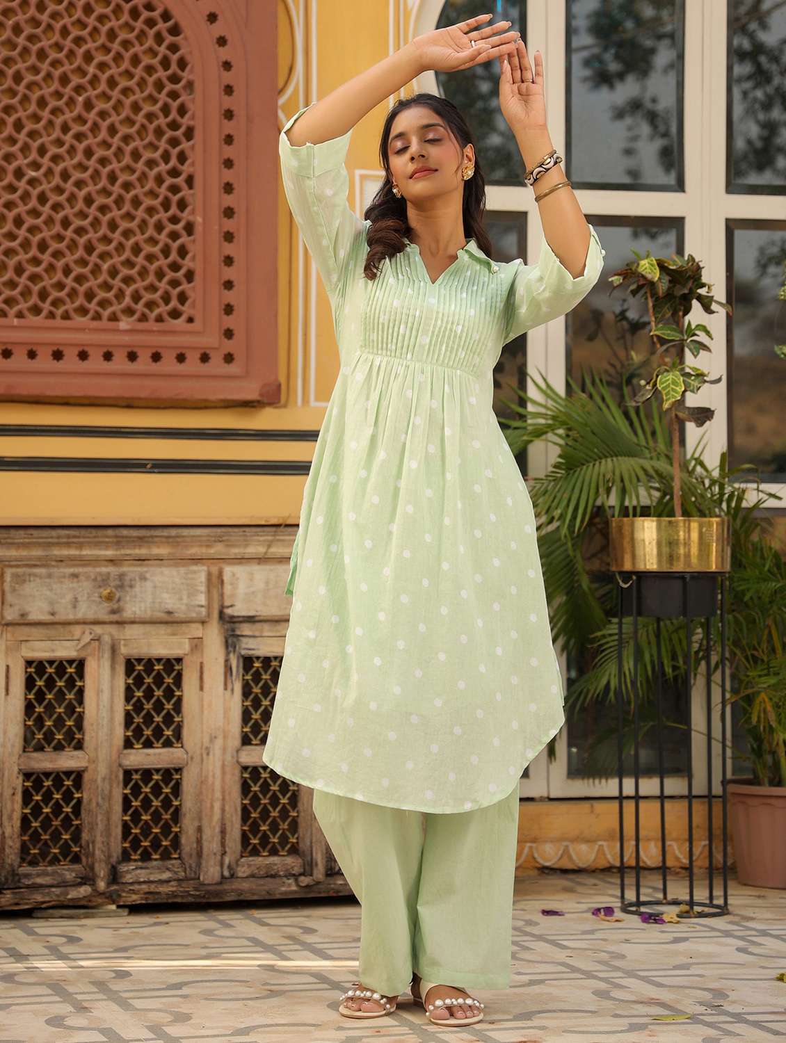 women polka dot three quarter sleeve regular fit ethnic co-ord set - 22177035 -  Standard Image - 2