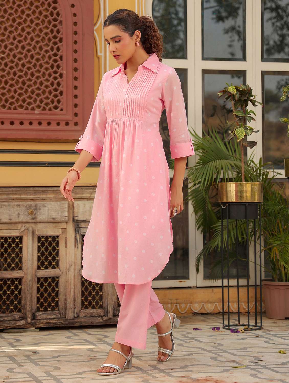 women polka dot three quarter sleeve regular fit ethnic co-ord set - 22177036 -  Standard Image - 2