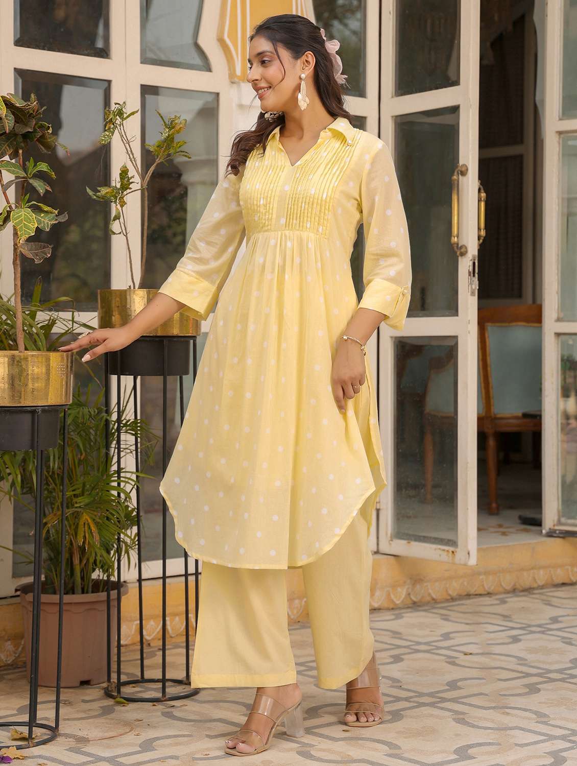 women polka dot printed three quarter sleeve kurta pant set - 22177037 -  Standard Image - 2