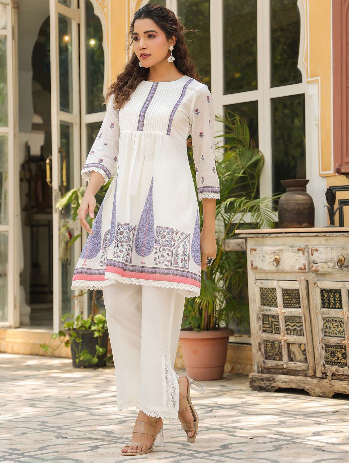 women printed three quarter sleeve regular fit ethnic co-ord set - 22177038 -  Standard Image - 2