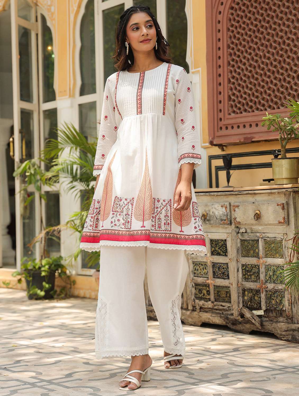 women printed three quarter sleeve regular fit ethnic co-ord set