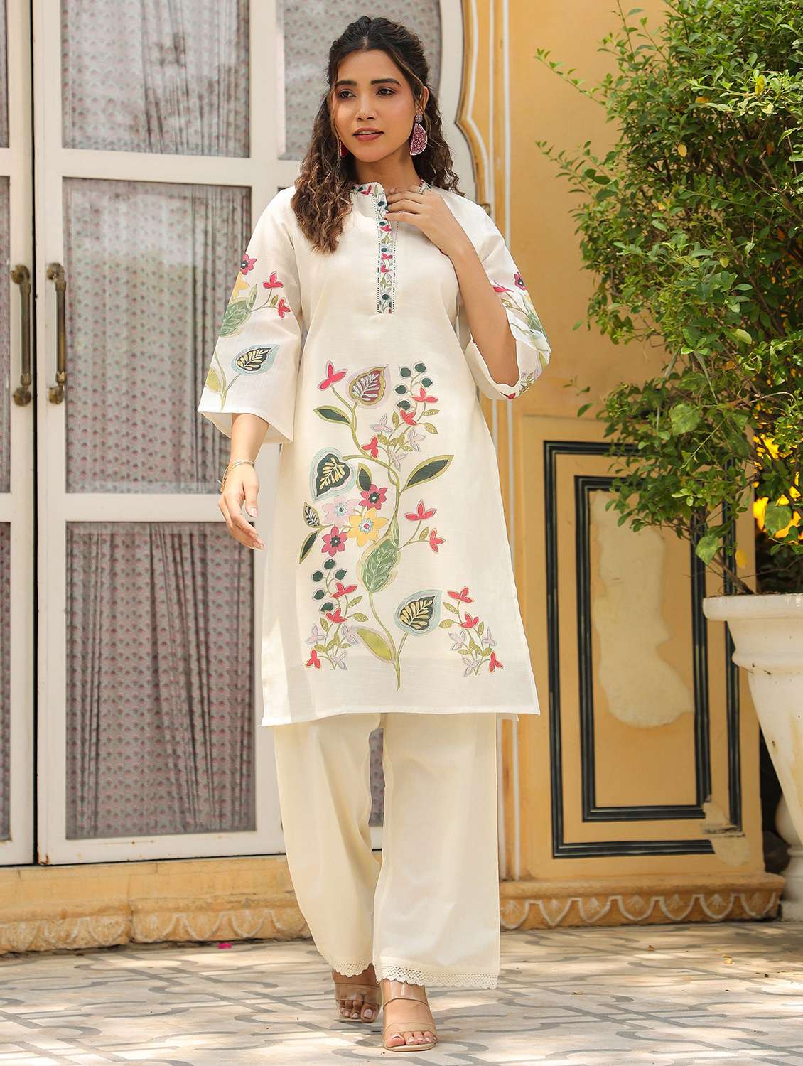 women floral printed three quarter sleeve regular fit ethnic co-ord set