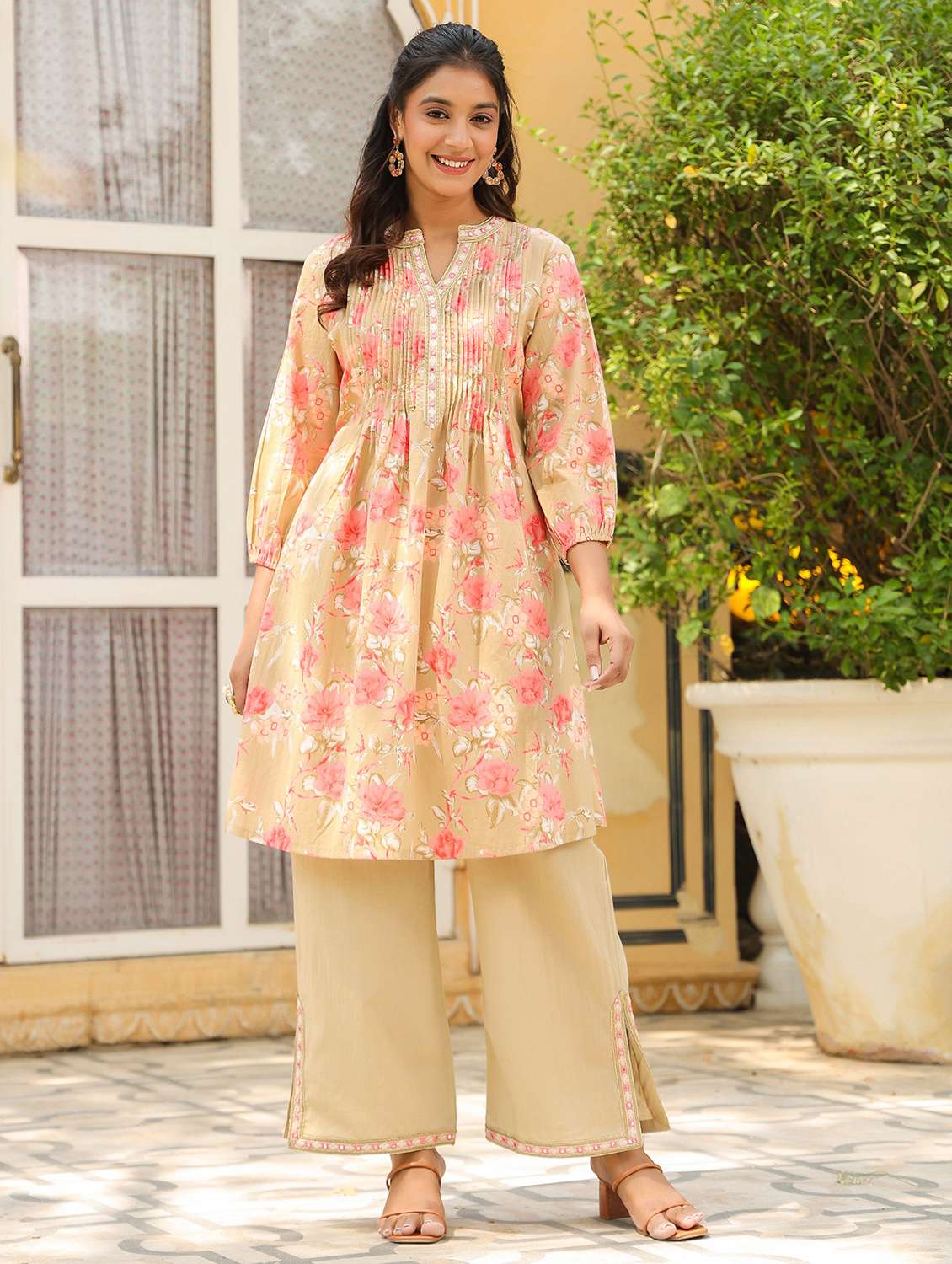 women floral printed three quarter sleeve ethnic co-ord set - 22177044 -  Standard Image - 2