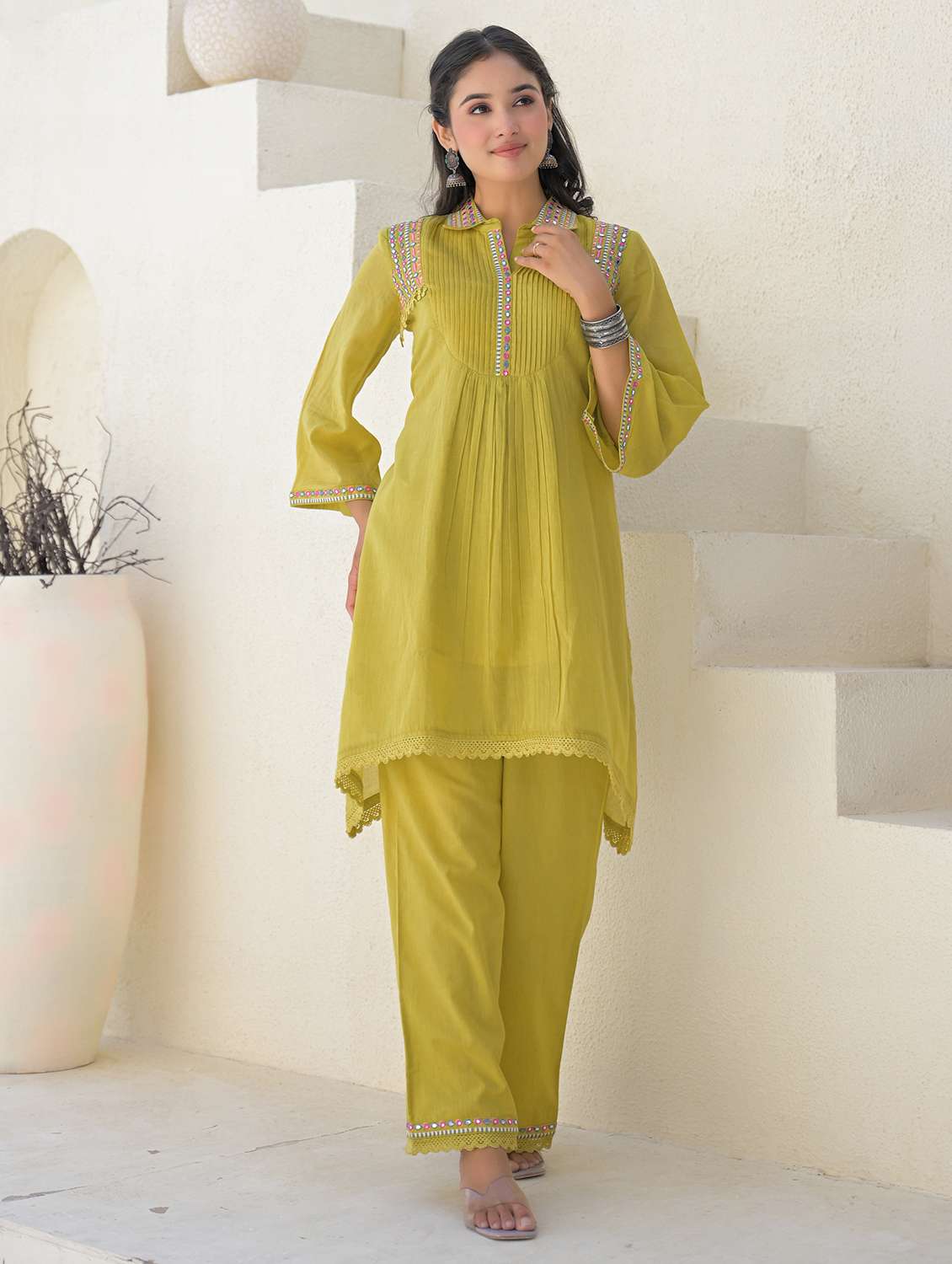 women solid three quarter sleeve regular fit ethnic co-ord set - 22177047 -  Standard Image - 2