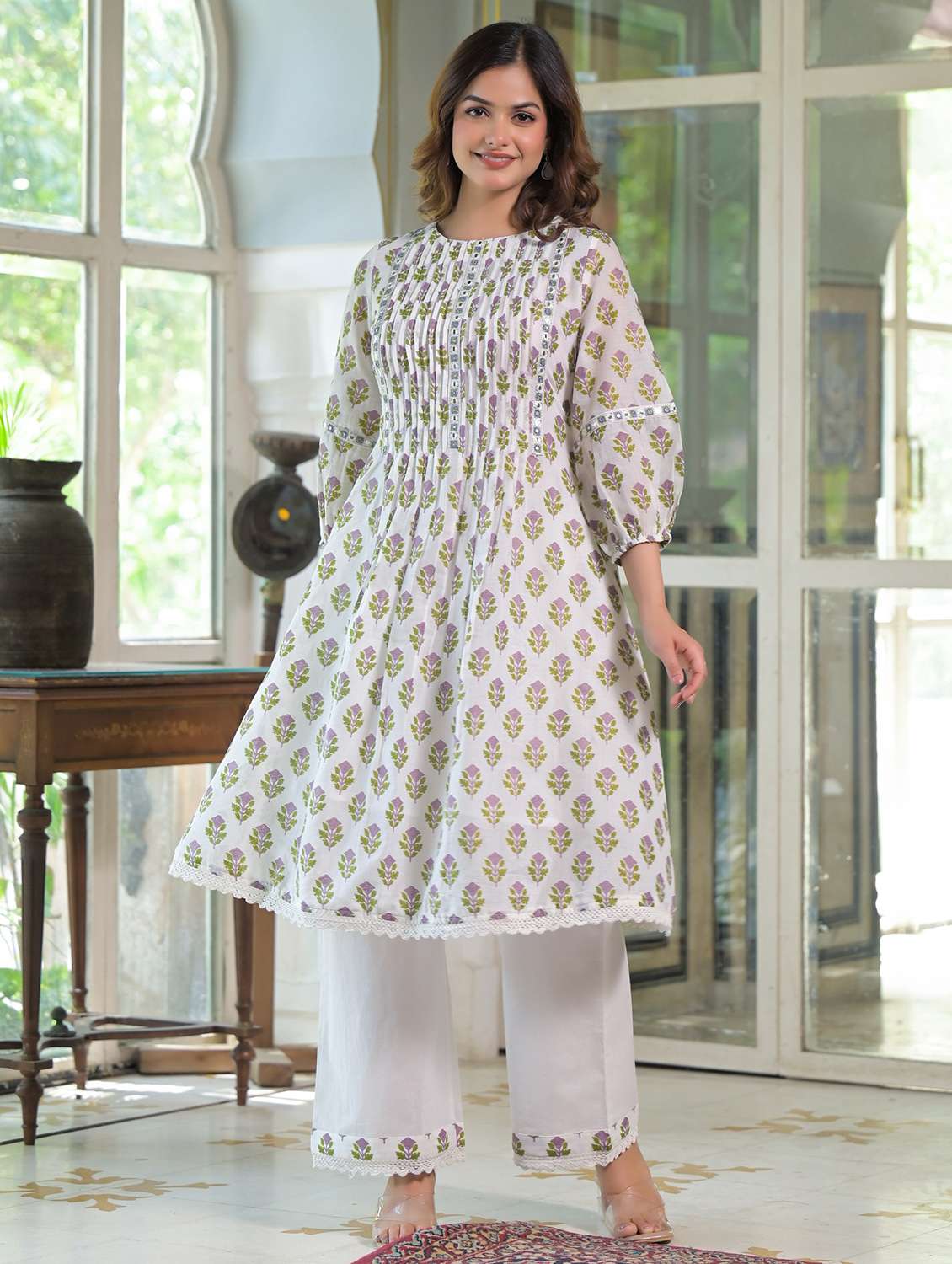 women floral printed three quarter sleeve kurta palazzo set - 22177052 -  Standard Image - 2
