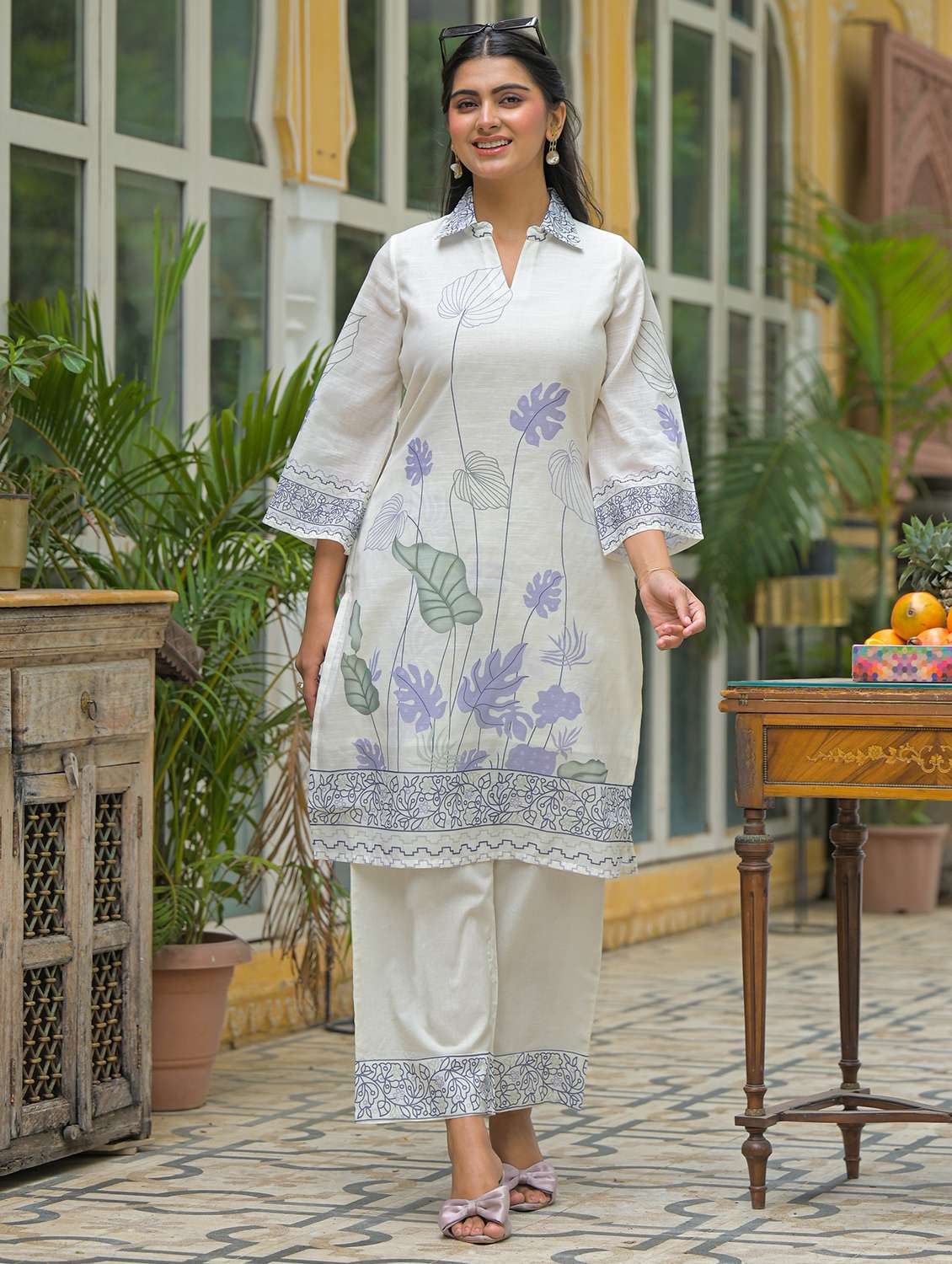 women printed long sleeve regular fit ethnic co-ord set