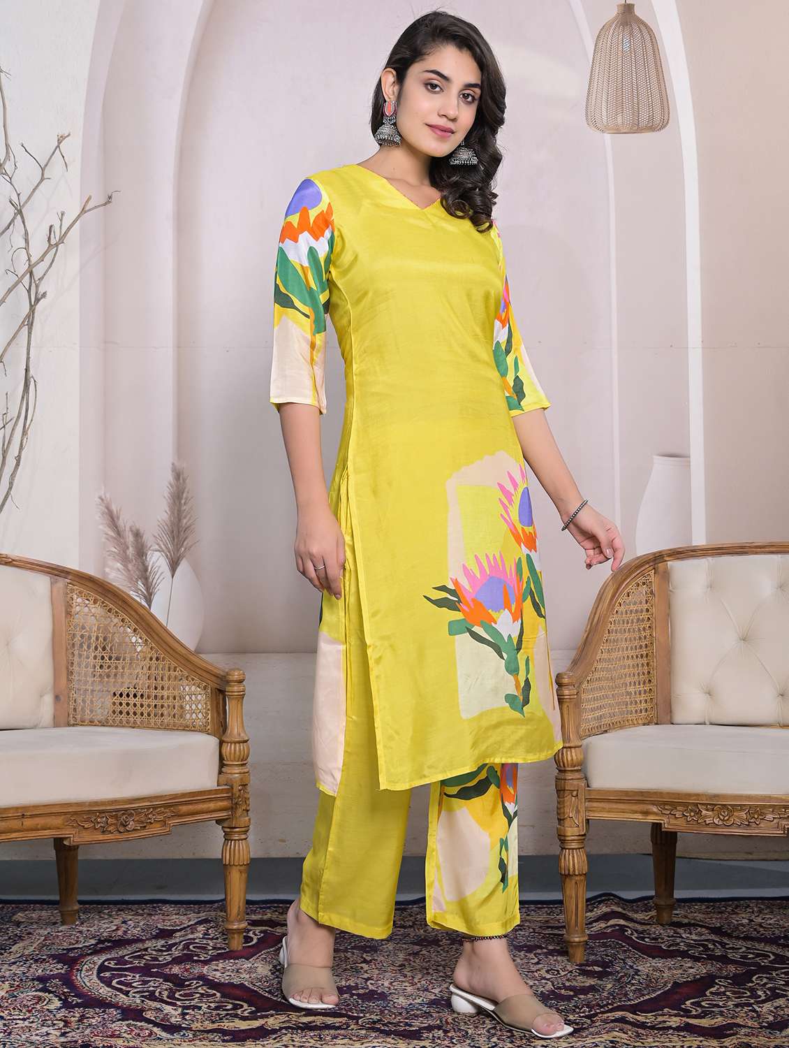 women floral printed three quarter sleeve kurta pant set - 22177057 -  Standard Image - 2