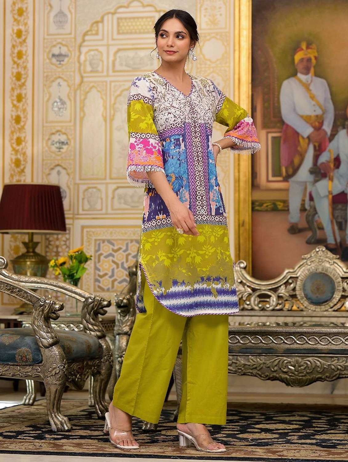 women printed three quarter sleeve kurta palazzo set - 22177058 -  Standard Image - 2