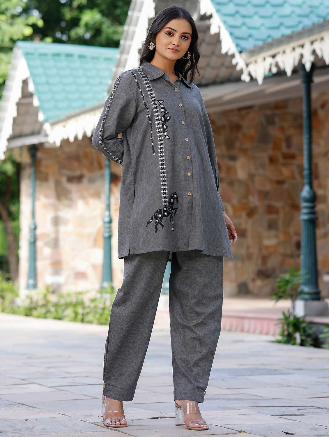 women solid with work long sleeve regular fit ethnic co-ord set - 22177059 -  Standard Image - 2