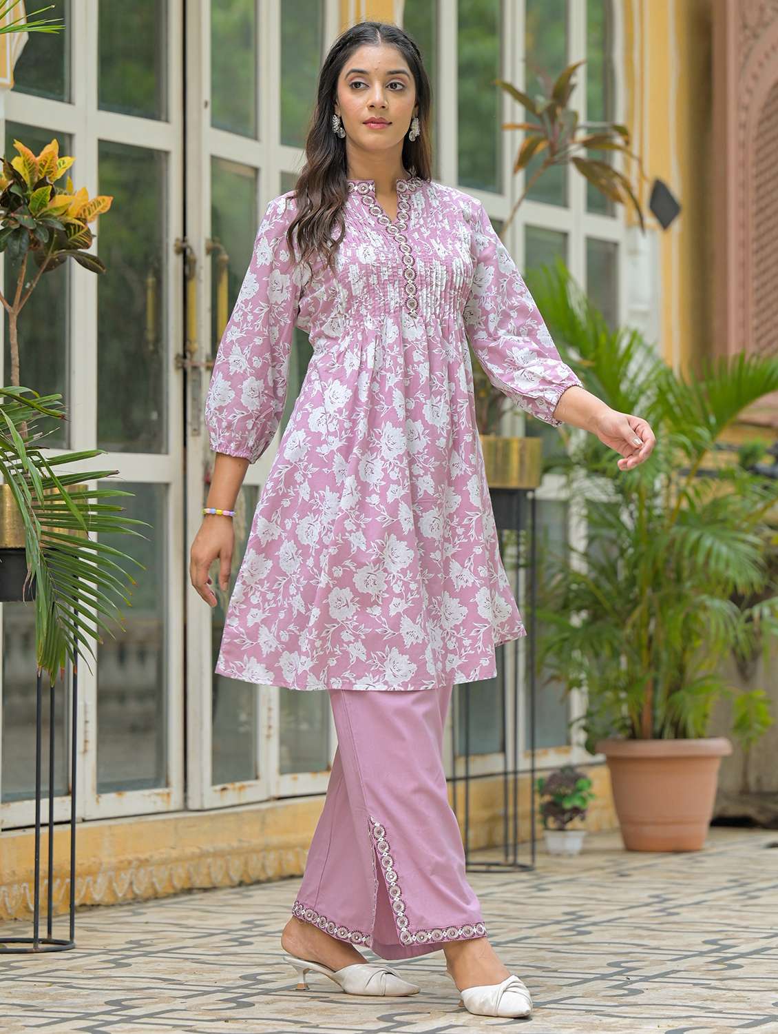 women floral printed three quarter sleeve regular fit ethnic co-ord set - 22177061 -  Standard Image - 2