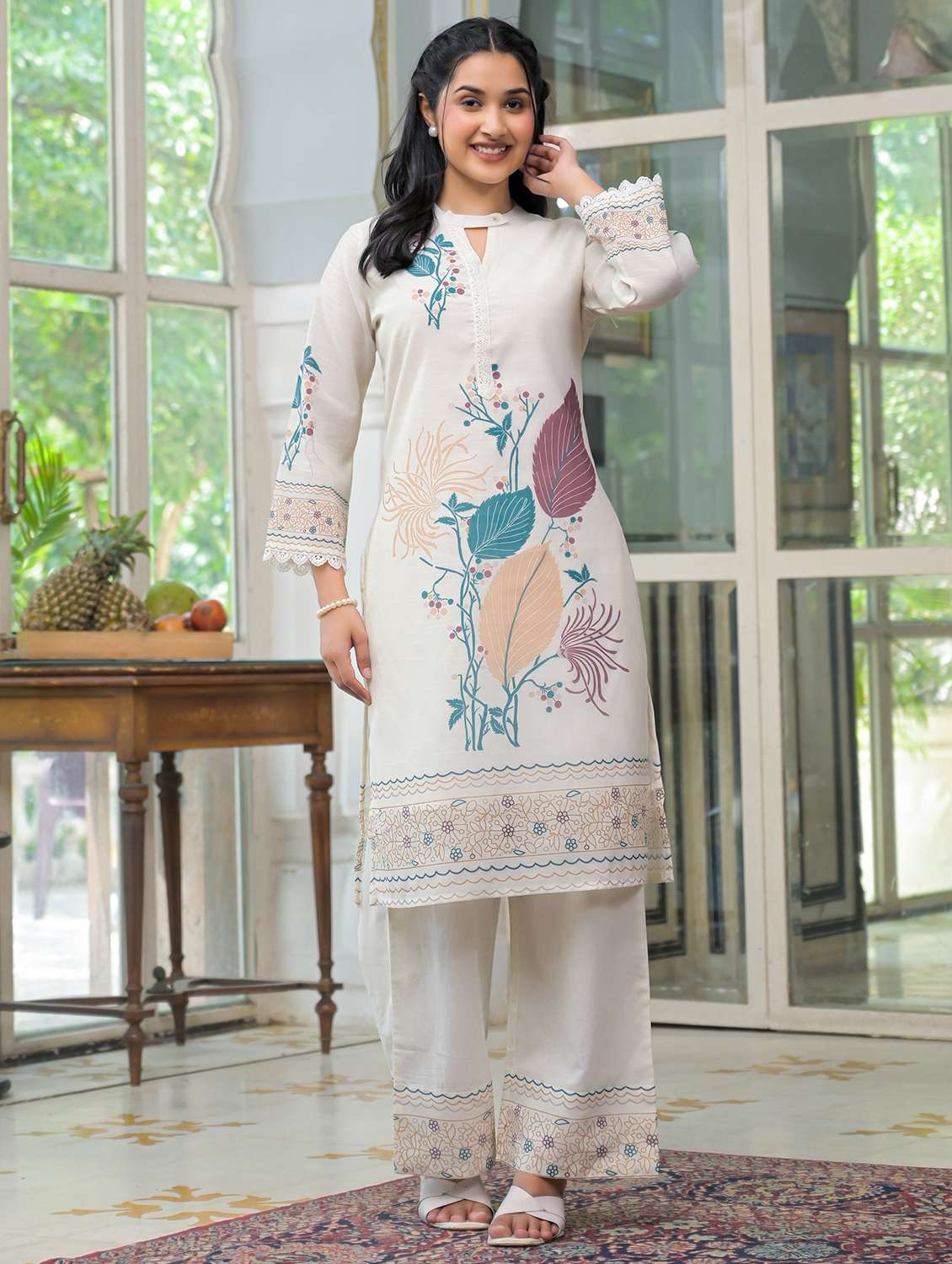 women printed three quarter sleeve regular fit ethnic co-ord set - 22177062 -  Standard Image - 2