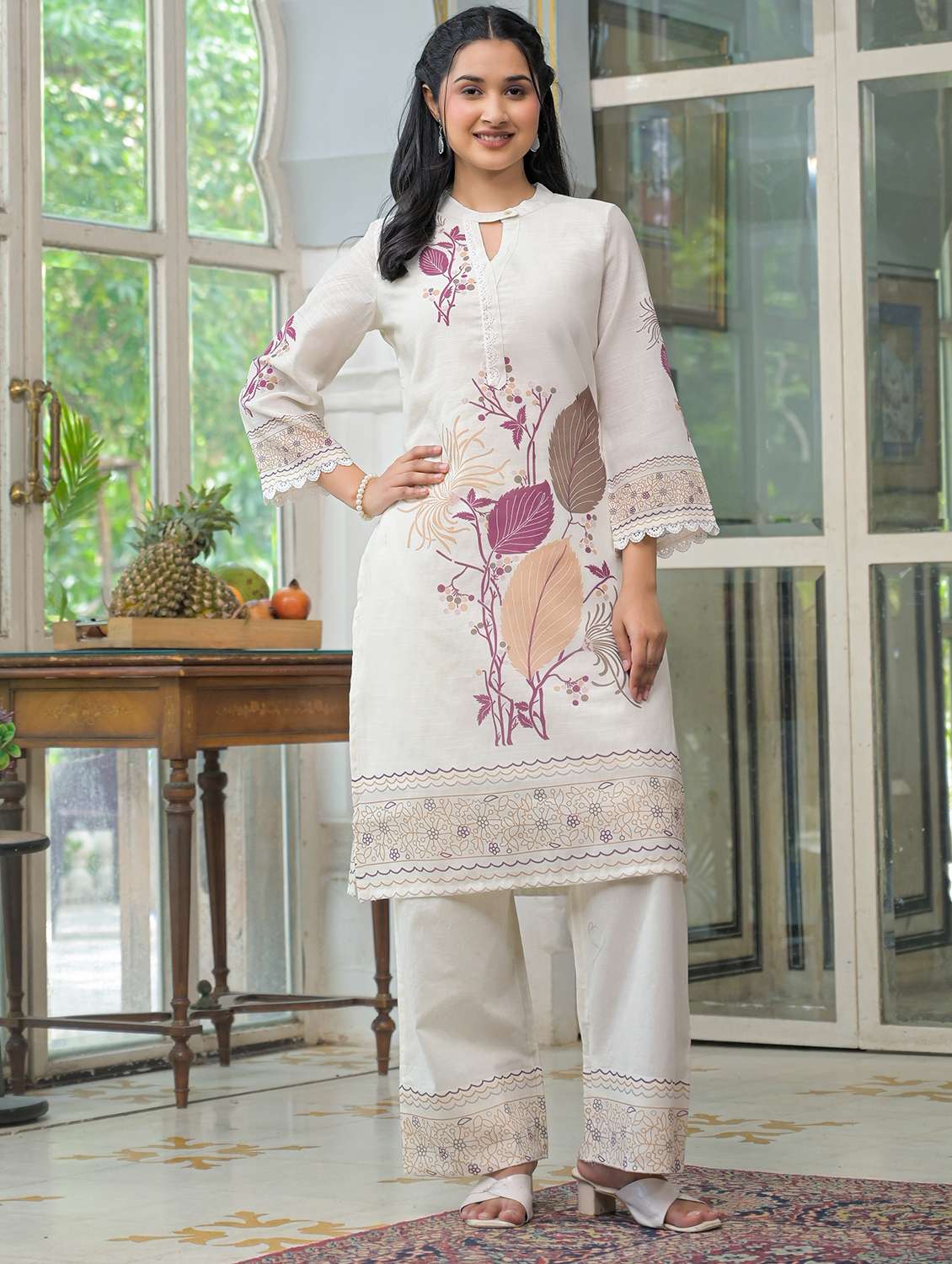 women printed three quarter sleeve regular fit ethnic co-ord set - 22177064 -  Standard Image - 2