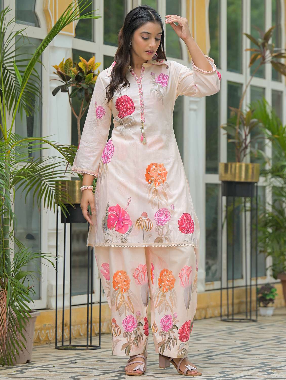 women floral printed three quarter sleeve regular fit ethnic co-ord set - 22177067 -  Standard Image - 2