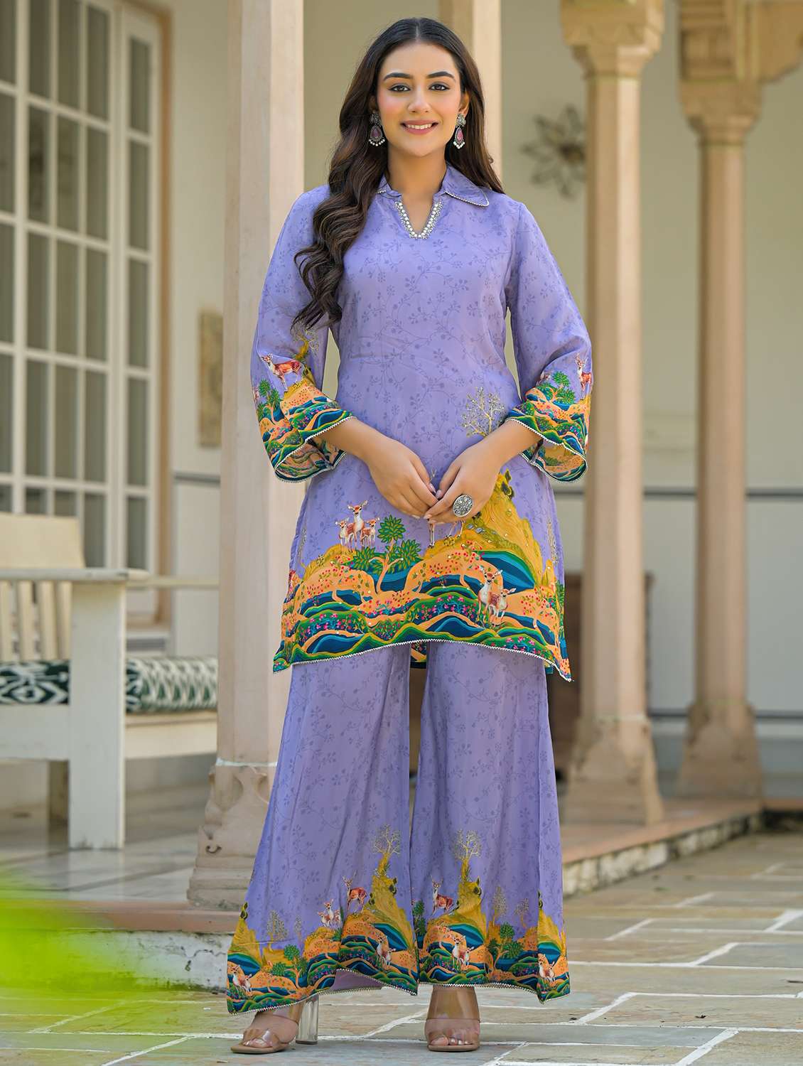 women printed three quarter sleeve regular fit ethnic co-ord set