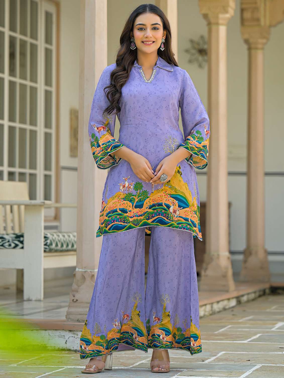 women printed three quarter sleeve regular fit ethnic co-ord set - 22177071 -  Standard Image - 2