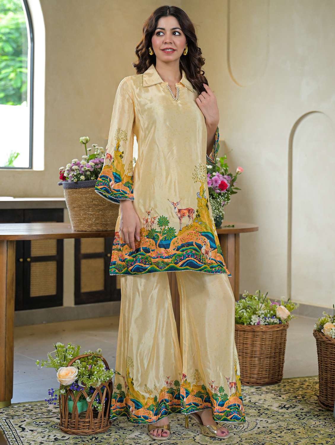 women printed three quarter sleeve regular fit ethnic co-ord set