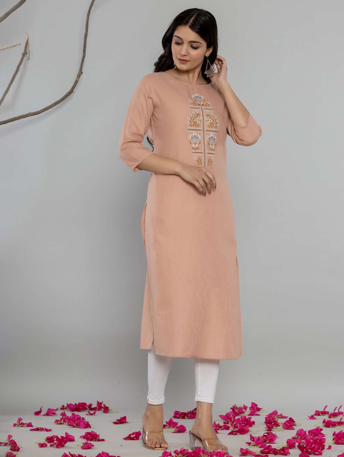 women solid with work three quarter sleeve straight kurta - 22177085 -  Standard Image - 2