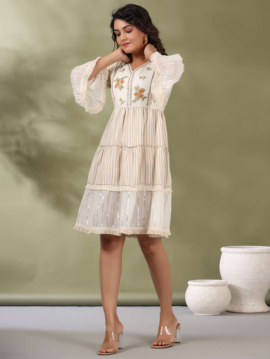 women striped bell sleeve tiered ethnic dress - 22177086 -  Standard Image - 2