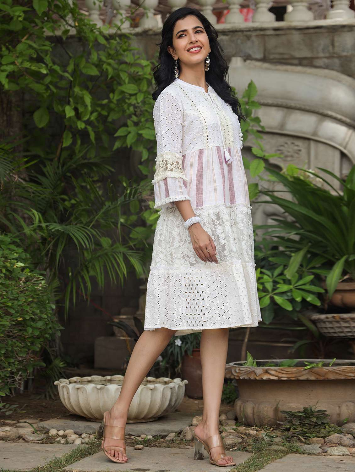 women striped bell sleeve tiered ethnic dress - 22177087 -  Standard Image - 2