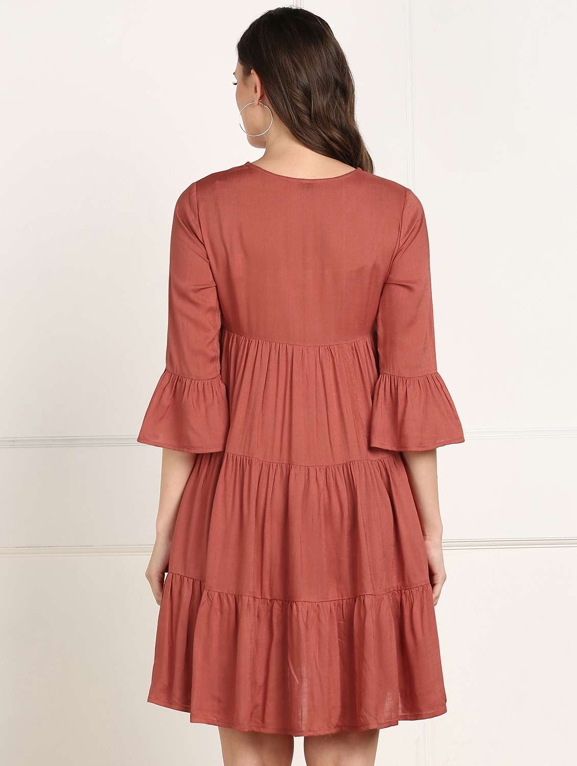 women solid bell sleeve tiered dress - 22177165 -  Standard Image - 2