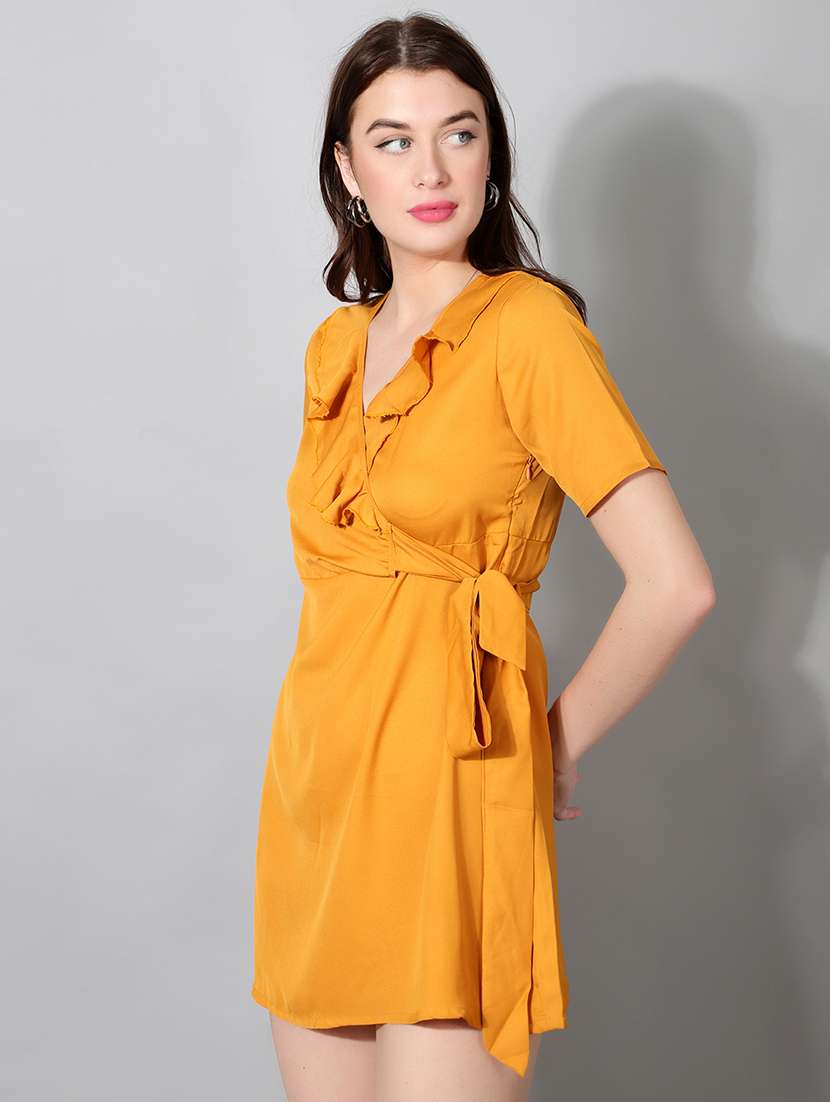 women solid short sleeve wrap dress - 22177166 -  Standard Image - 2