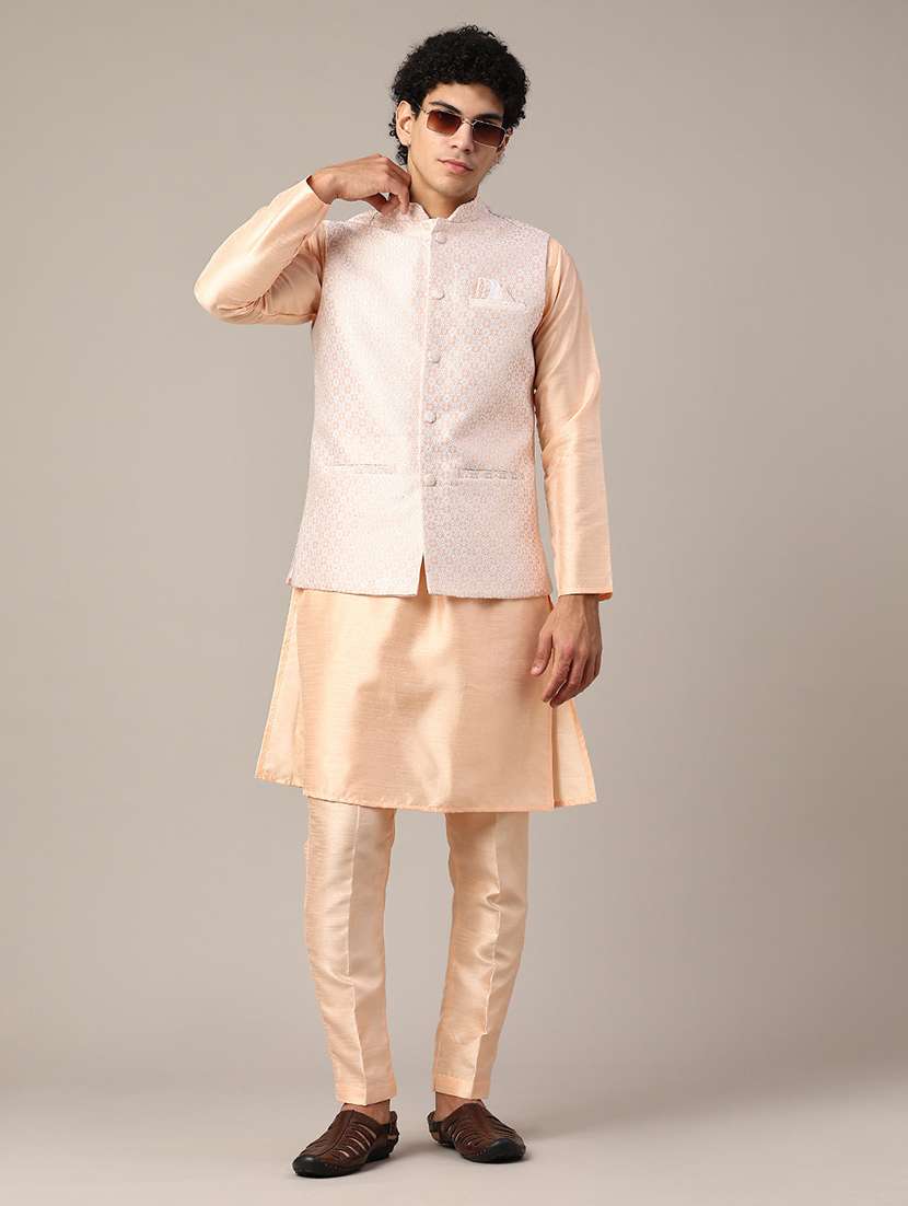 peach kurta pyjama with jacket ethnic wear set